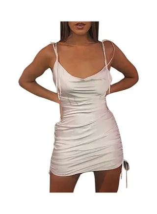 Drawstring Spaghetti Straps Backless Satin Slash Neck Dress White 