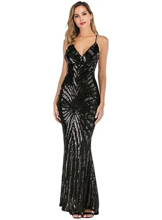 Sequins Embellished Plunge Neck Maxi Dress Black 