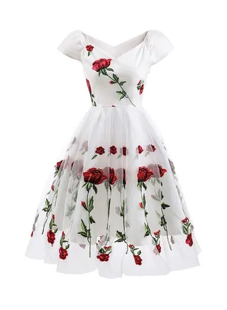 Floral Embroidered Midi Dress White/Red/Green 