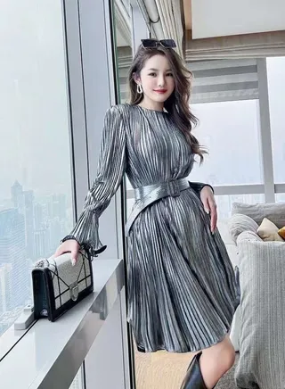 Casual Dresses  Spring Autumn Women Speaker Long Sleeve Belt Slim Mini Dress High Quality Fashion Bright Surface Miyake Pleated Dress 