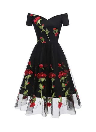 Floral Embroidered Midi Dress Black/Red/Green 