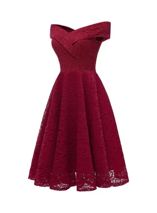 Women Elegant Lace Dress Red 