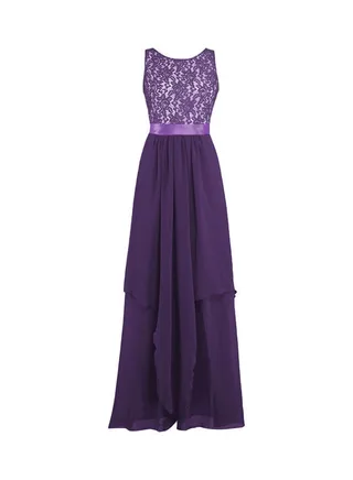 Glorysunshine Modest Sleeveless Lace Chiffon Maxi Gown Purple 