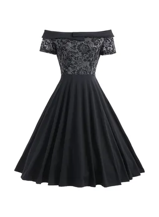 Off Shoulder Dress With Lace Panel Black 