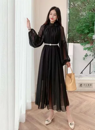 Casual Dresses  Spring Autumn Women Speaker Long Sleeve   Belt Slim Mini Dress High-Quality Fashion Bright Surface Miyake Pleated Dress 