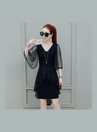 Solid V-Neck Mini Dress Black 