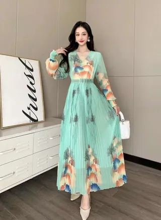 Women's Fashion V-neck Long Sleeve Pleat Dress Spring Print High Waist Slim Pleat Party Vacation 