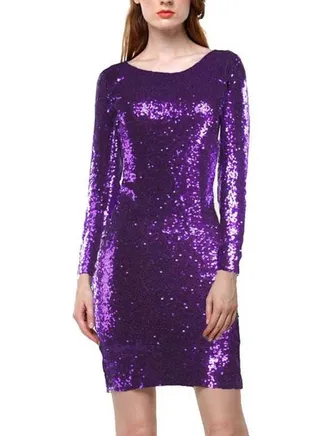 Round Neck Sequins Mini Dress Purple 