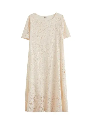 Loose Round Neck Pure Color Summer Short-Sleeved Lace Dress Apricot 
