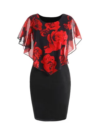 Floral Pattern Mini Dress Red/Black 