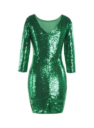Round Neck Sequins Mini Dress Green 