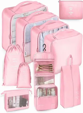 10Pcs Packing Cubes Luggage Packing Organizers for Travel Accessories, Travel Bags Organizer for Luggage, Suitcase Organizer Bags Set, Travel Essentials Luggage Organizer Bags (Pink) 