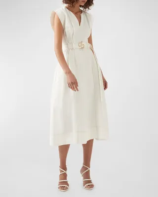 Beacon Structured Topstitched Belted Midi Dress