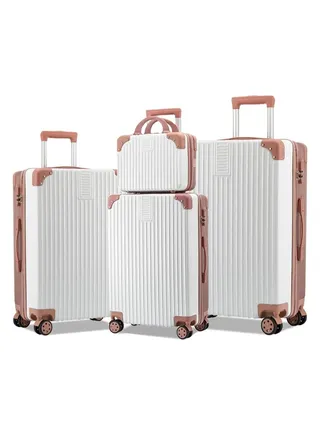 TRAVEL TROLLEY LUGGAGE AND SUITCASE CABIN BAG WITH BEAUTY CASE ABS MATERIAL 360 ROTATION WHEEL HARD CASE WHITE WITH ROSE GOLD COLOUR 