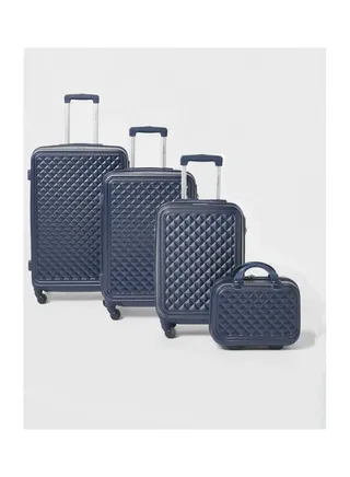 4-Piece Textured Checkered Luggage Trolley Set Blue 