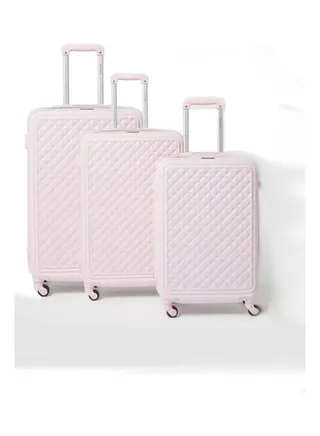 3-Piece Textured Checkered Luggage Trolley Set Pink 