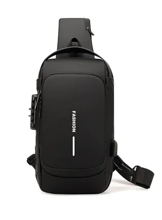 Anti Theft Crossbody Sling Bag, Waterproof Chest Daypack with USB Charging Port, Multi-functional Large-Capacity Lightweight Shoulder Bag with Combination Lock, Shoulder Backpack for Men Women, Black 