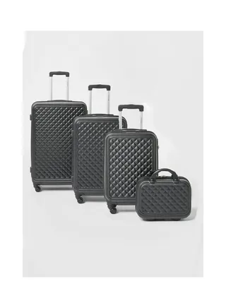 4-Piece Textured Checkered Luggage Trolley Set Black 
