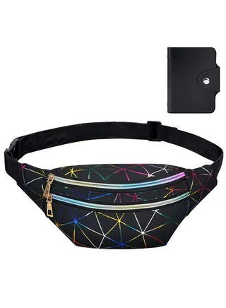 Waist Bag, Holographic Fanny Pack with PU Leather, Shiny Belt Bag Festival Rave Bumbags with 1 Business Card Holder for Ladies Travel Party Sports Running Hiking(Black) 