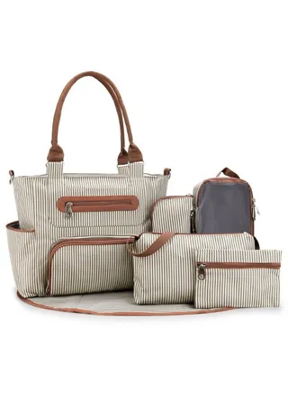 Set Of 6 Diaper Bag With Hooks And Nappy Changing Mat - Ivory White 