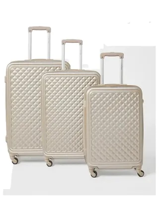 3-Piece Textured Checkered Luggage Trolley Set Champagne 