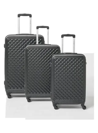 3-Piece Textured Checkered Luggage Trolley Set Black 