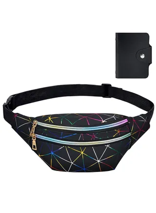 Waist Bag, Holographic Fanny Pack with PU Leather, Shiny Belt Bag Festival Rave Bumbags with 1 Business Card Holder for Ladies Travel Party Sports Running Hiking(Black) 