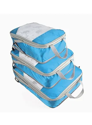 3Pcs Luggage Suitcase Organizer Set Compression Packing Cubes Travel Storage Bag Foldable Waterproof Nylon（Blue) 