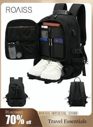 Unisex Independent Shoes Compartment Hiking Backpack 60L Large Capacity Expandable Luggage Bag with USB Port for Sports Travel Outdoor Business Trip Work Black 