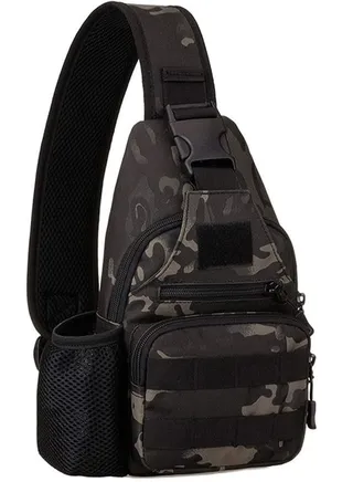 Shoulder Bag Sports for Men,Tactical Military Chest Sling Bag Water Resistant MOLLE Shoulder Backpack Mens One Strap Daypack with Water Bottle Holder Camo Black 