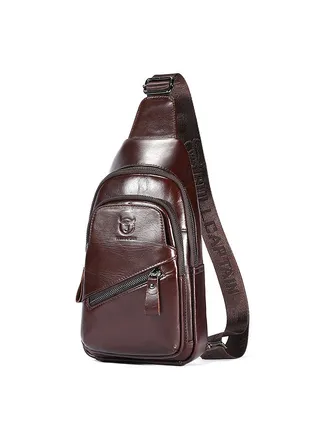 Men Genuine Leather Sling Bag Multi-pocket Chest Bag with USB Charging Port Coffee 