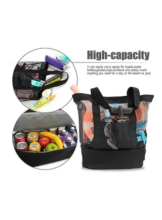 Mesh Large Beach Tote Zipper with Insulated Cooler Bag 