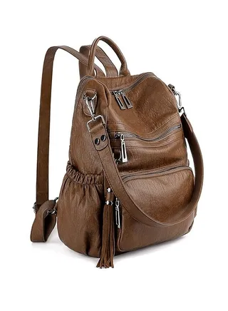 Women Backpack Purse PU Washed Leather Convertible Ladies Rucksack Tassel Zipper Pocket Shoulder Bag 