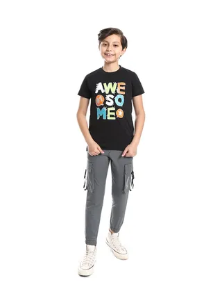 Boys Cargo Pants Elastic Hem With 2 Pockets _ Gray 
