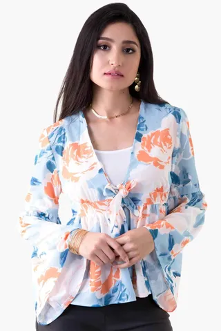 Tie Front Frill Top Blue 
