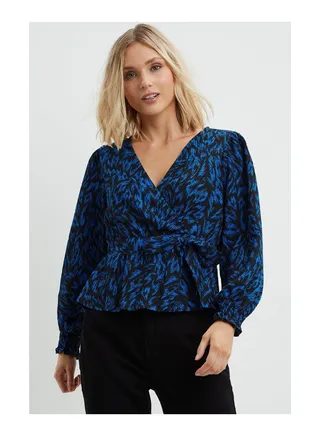 Petite Blue Printed Shirred Cuff Wrap Top 