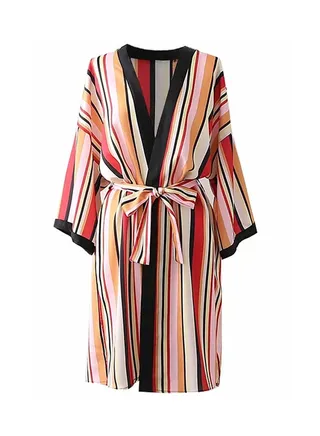 Striped Pattern Bow Decoration Lacing Up Kimono Multicolour 