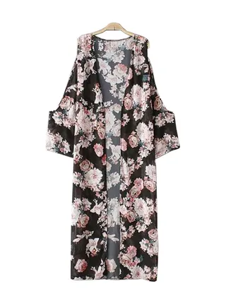 Floral Print Cardigan Thin Vintage Casual Outerwear Black 