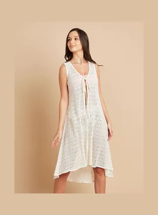 Sleeveless Lace Detail Midi Kimono Cream 