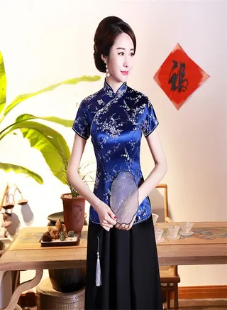Weaving Brocade Plum Blossom Daily Women's Clothing Upper Blue 