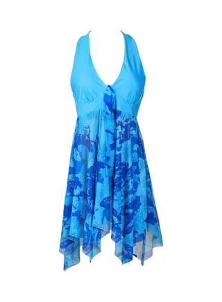 2-Piece Printed Backless Women Swimdress Tankini Set Blue 