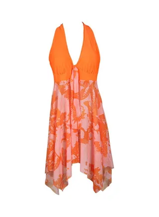 2-Piece Printed Backless Women Swimdress Tankini Set Orange 