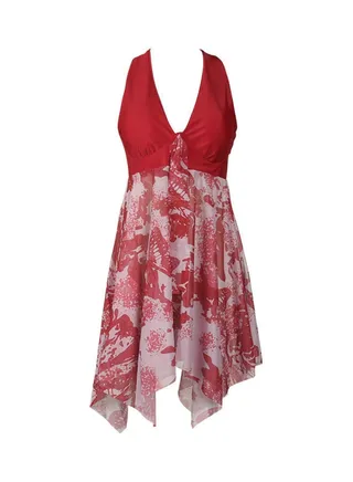 2-Piece Printed Backless Women Swimdress Tankini Set Red 