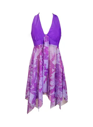 Flower Printed Halter Backless Swimdress With Brief Set Purple/White 