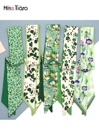 5 Pack Green Series Colors Series All match silk scarves tied Elegance and Versatility Silk Scarves and Headbands for girls Can be used as hair accessories or decorative bags 
