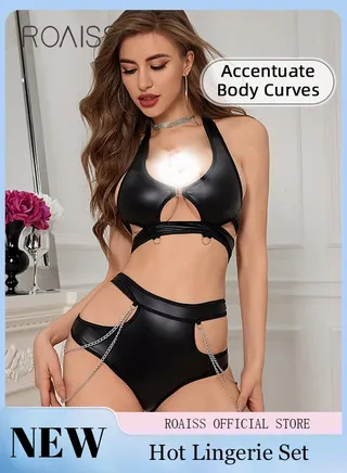 2Pcs Halter Neck Hollow Underwear Set for Women Chain Design Backless Separate Lingerie Suit Ladies Adult Bunny Girl Intimates Clothing Bikini Loungewear Cosplay Costumes Boudoir Outfits 