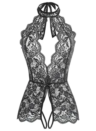 Women One Piece Lingerie Lace BabyDoll Teddy Deep V Neck Halter Bodysuit Chemise Sleepwear 