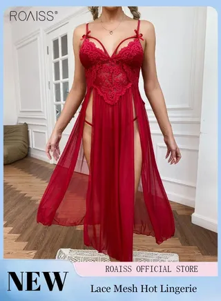 2 Pieces Lace Mesh Nightdresses Hollow Chest Design With Adjustable Shoulder Straps Spliced Mesh Split Skirt On Both Sides 