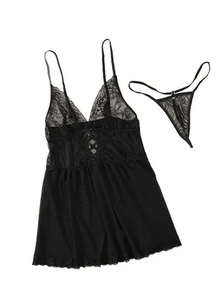 Cross Front Detail Lace And Mesh Babydoll Dress 
