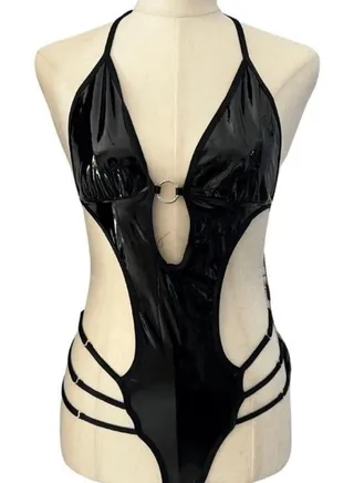 Faux Leather Mesh One Piece Babydoll 